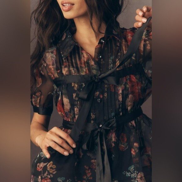 NWT Size L - Anthropologie Short-Sleeve Tie-Front Sheer Blouse (NWT US$ 118) - Picture 5 of 16